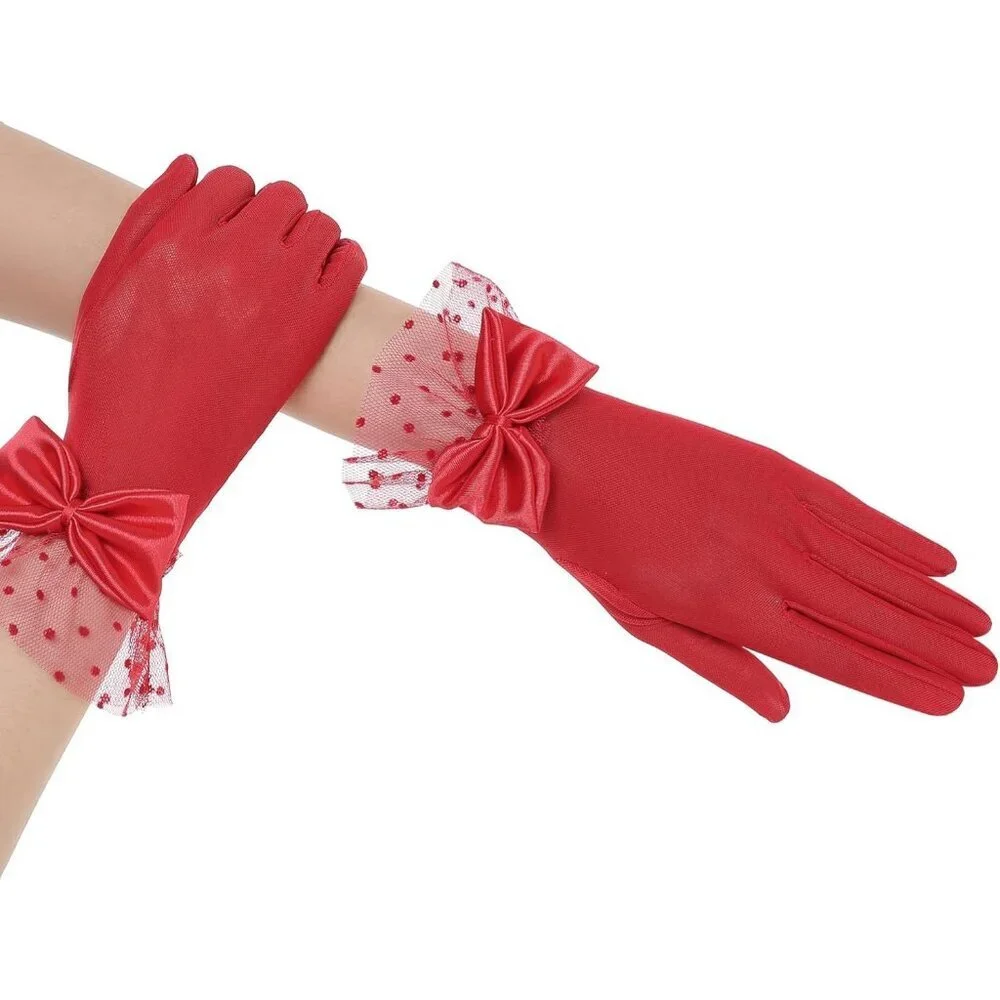 Women's Bow Gloves Dark Red Short Lace Evening Wedding Accessories Party Prom